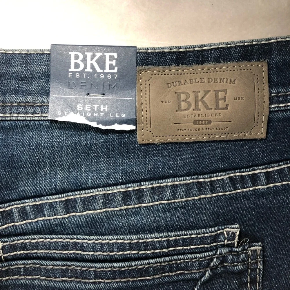 NEW BKE Seth Jeans Mens 42x30 Blue Straight Cone Denim Whiskering Stretch Preppy